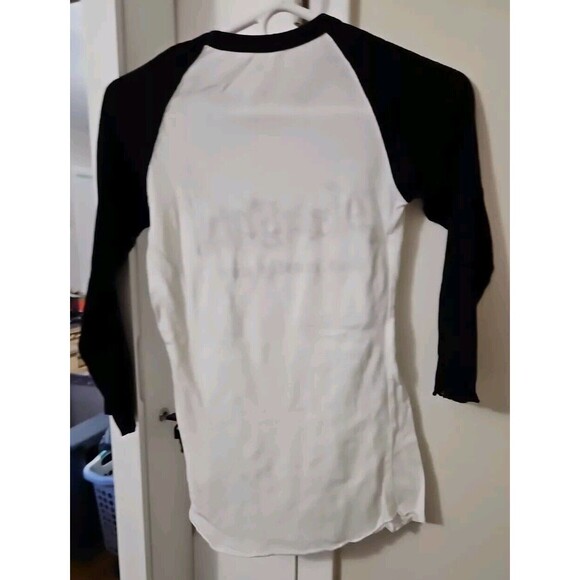 Goth Naughty But Mostly Nice W Silver Skull 3/4 Sleeve Color Block Shirt M - Picture 2 of 7